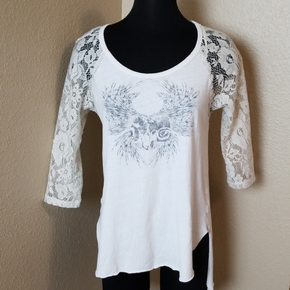 Free People Lace Sleeve Graphic Tee Ram